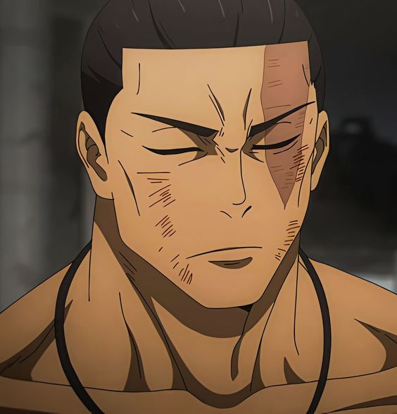this is a close up illustration of a stoic man. he has dark hair, a scar over his left eye, and several smaller scars on his left cheek and chest. his eyes are closed and he has a serious expression.  he is muscular and appears to be shirtless.