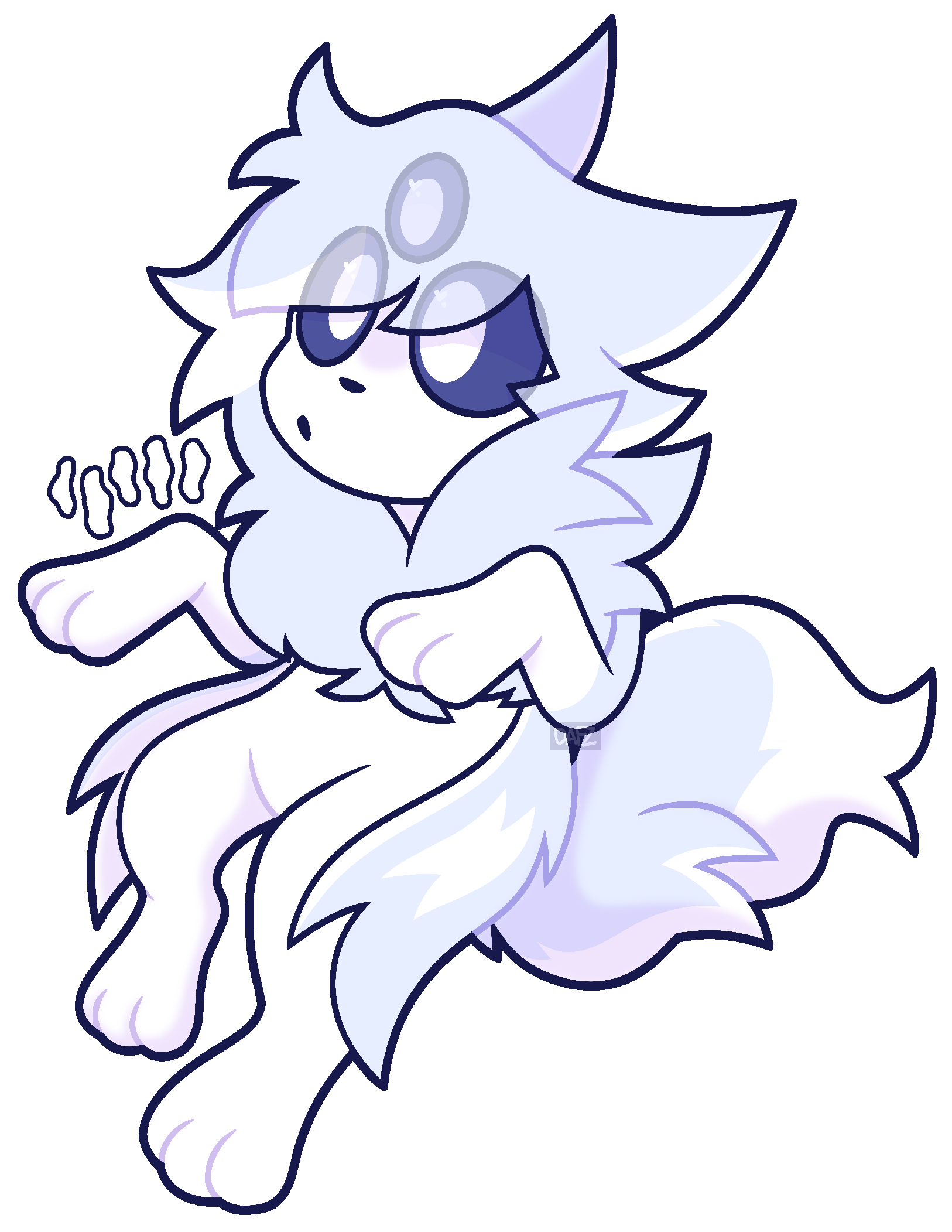this cartoon depicts a furry, white animal with blue and purple accents. the creature has three eyes and is posing in a cute, whimsical manner. it is drawn in a simple, digital art style.
