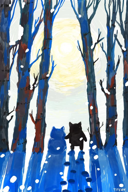 a whimsical painting depicts a winter scene in a forest of tall, slender blue trees.  two stylized cats, one blue and one black, walk handinpaw towards a bright, yellow sun visible through the trees. the snow is subtly suggested, and the overall style is loose and expressive, with visible brushstrokes. the scene evokes a sense of peace and companionship. the artist's signature "tittsay" is visible in the bottom right corner.