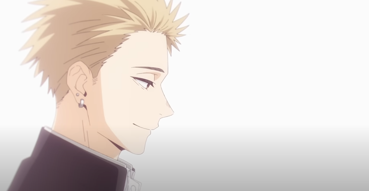 the image shows a closeup side profile of a young anime/manga male character. he has blond, spiky hair, and is wearing a darkcolored jacket that looks like a school uniform. he has an earring in his left ear and a slight, gentle smile on his face. the background is a simple, light, and clean whiteish with a soft gradient, emphasizing the character. the overall style is soft, romantic, and aesthetically pleasing, with pastellike color tones.