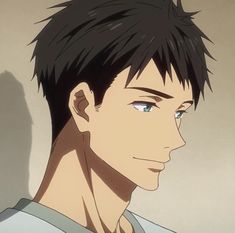 this illustration shows the profile of a young man. he has short, dark hair and blue eyes, and he is smiling slightly. he is wearing a white shirt. the background is a light beige color.
