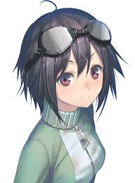 an anime girl is in front of a plain white background. she has short, dark hair and is wearing a pair of goggles on her head. she is also wearing a green jacket over a white turtleneck. she appears to be slightly blushing and looking off to her right.