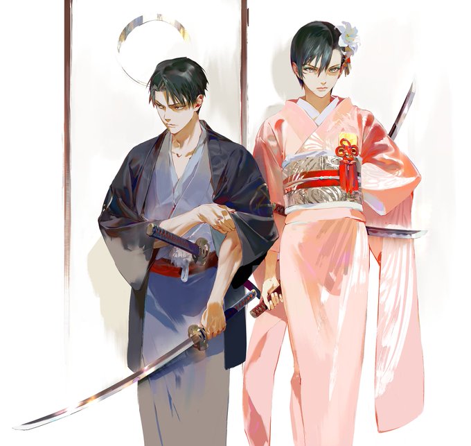 the image showcases a man and a woman, likely an anime or manga couple, dressed in traditional japanese attire. the man, with dark hair and a stoic expression, wears a dark kimono and holds a katana. the woman, equally serious, is adorned in an elaborate pink kimono, indicating a special occasion, possibly a wedding. she too carries a katana, symbolizing strength and tradition. the soft lighting and serene atmosphere enhance the romantic undertones of the scene.