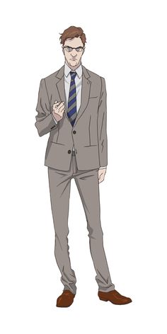 a man in a grey suit with a blue tie stands against a white background. he is wearing glasses and has brown hair. he is holding something small in his right hand.
