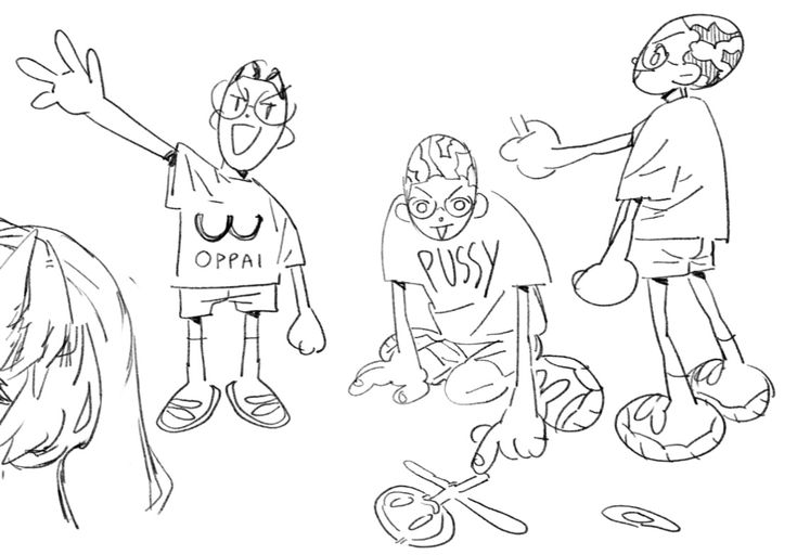 this image shows a simple black and white drawing of three anime style characters. two boys are facing the left side of the image, one is standing and one is sitting. the standing