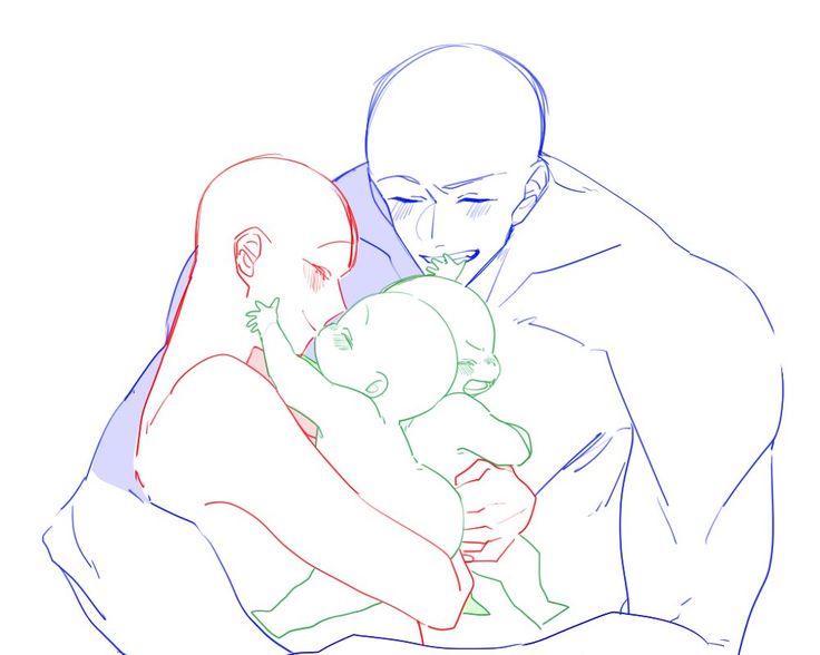 a line drawing of a couple holding their baby. the drawing is in the style of anime or manga. the couple is very close and the baby is nestled in their arms. the drawing is simple but shows a lot of love and affection. it is a sweet and heartwarming image.