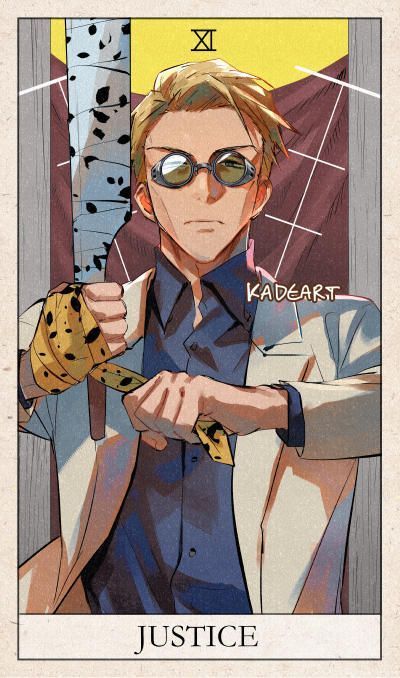the image is a stylized digital painting or illustration depicting a tarot card, specifically the justice card (xi).  a man with blonde hair, wearing protective goggles and a long lightcolored coat, is centrally featured. he holds a long, spotted weapon resembling a staff or sword, and his hands are wrapped in yellowandbrown bandages.  the background is a muted blend of yellows, browns, and purples, suggesting a dramatic or somewhat mystical setting. the artist's signature, "kadeart," is visible in the image. the overall style leans toward a modern interpretation of a classic tarot card design.  the card's title, "justice," is clearly displayed at the bottom.