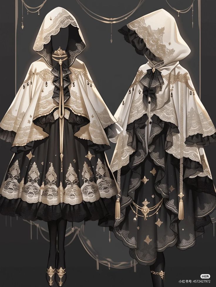 the image shows two variations of a lolita fashion outfit design. both variations feature a kneelength black dress with intricate gold embroidery and lace detailing, a white capelet with matching gold accents, and a black hood. the outfit on the left has a more classic lolita silhouette, while the outfit on the right features an asymmetrical skirt and more elaborate embellishments.  both outfits are presented against a dark grey background.