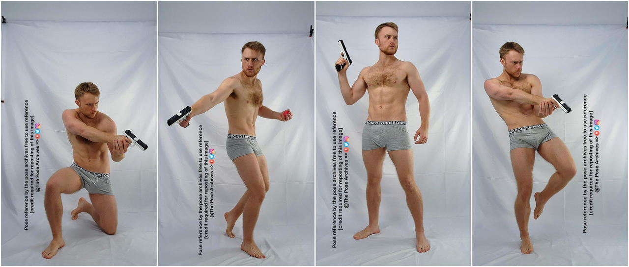 a collage of four images of the same muscular man in grey underwear striking different poses with a handgun in his right hand against a white background.