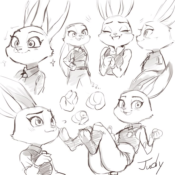 a black and white sketch sheet showing various poses and expressions of judy hopps, the rabbit police officer from zootopia. the sketches include closeups of her face with different emotions, fullbody poses, and hand gestures. the overall style is cartoony and expressive, typical of character design or fan art. "judy" is written in cursive at the bottom right of the image.