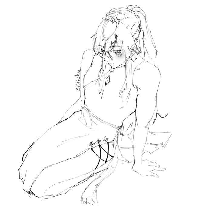 a black and white sketch of a female anime character. she is sitting down with her long hair flowing down her back. she is wearing glasses, a tank top, a skirt, and what appears to be a garter. she looks relaxed and casual.