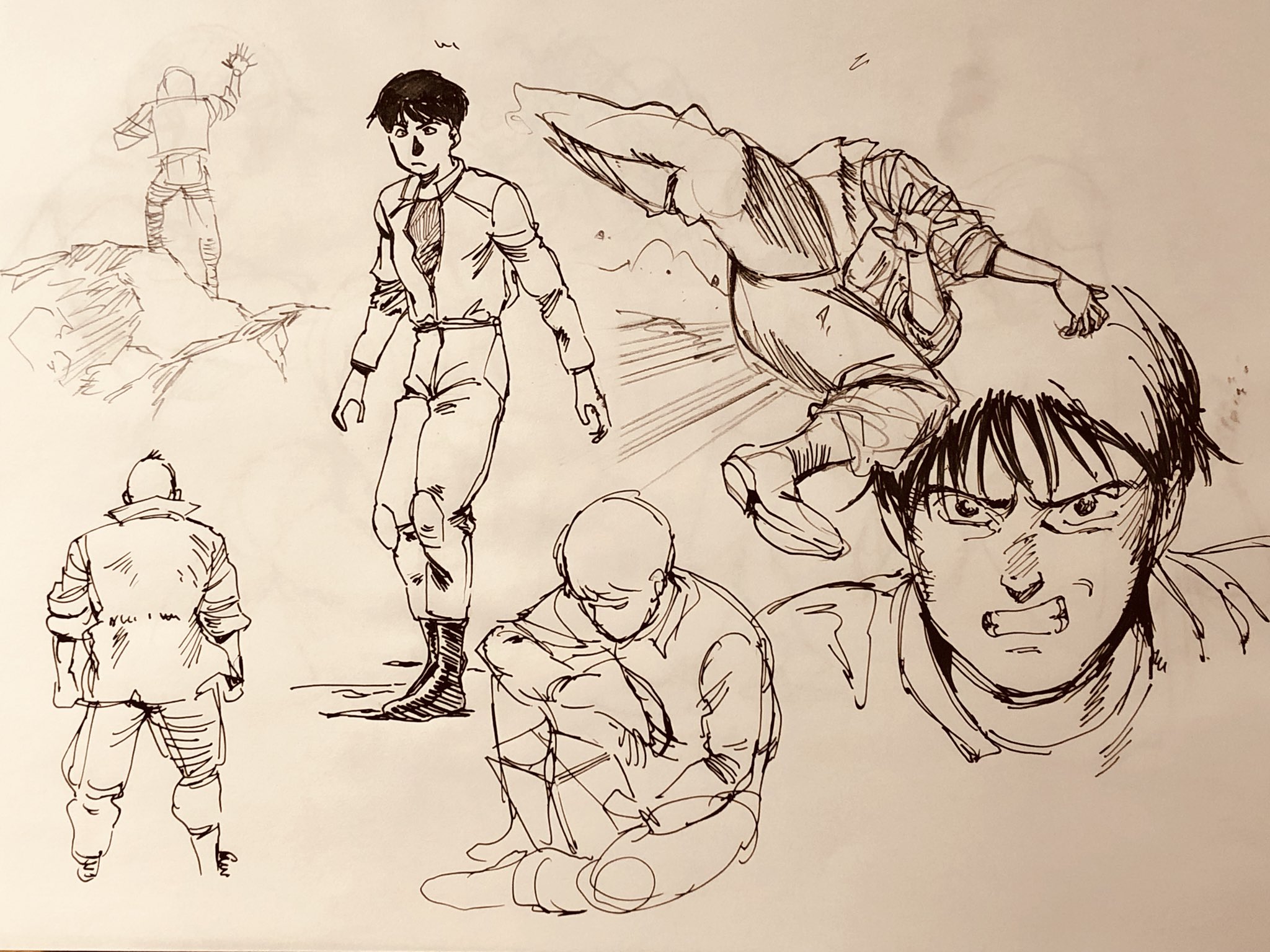 this image showcases a series of dynamic character sketches drawn with pen on toned paper.  the sketches depict a young man in a futuristic, slightly militaristic outfit.  he is shown in various poses, including standing, jumping, and falling, suggesting movement and action.  the artist focuses on capturing the character's anatomy and expressions, with detailed lines emphasizing musculature and facial features.