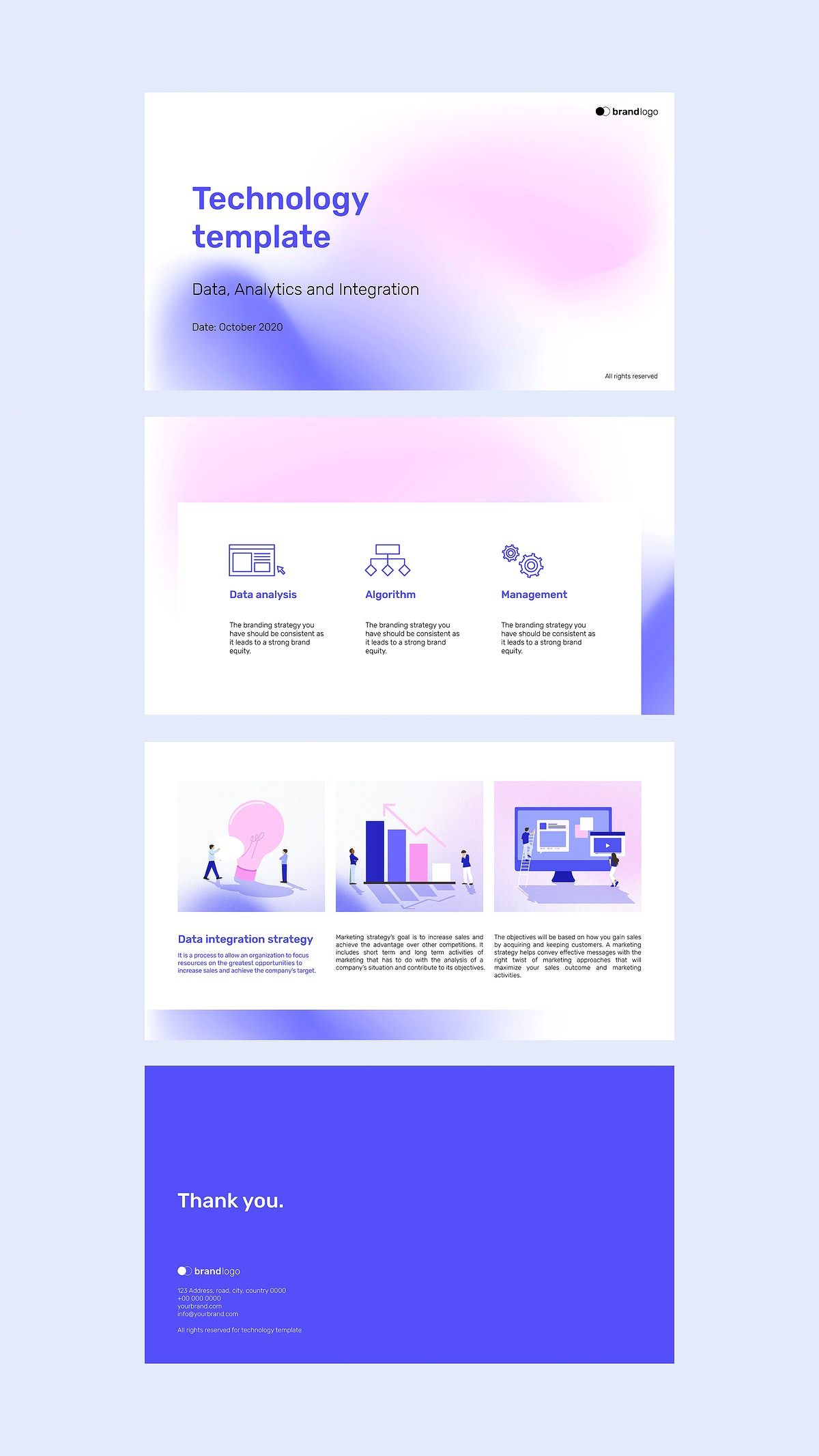 the image is a presentation template for a technology company. it includes slides about data analytics, data integration, algorithm, management, and strategy. the template has a modern design with a purple and pink color scheme. it's a perfect tool to present your company's services and solutions to potential clients.