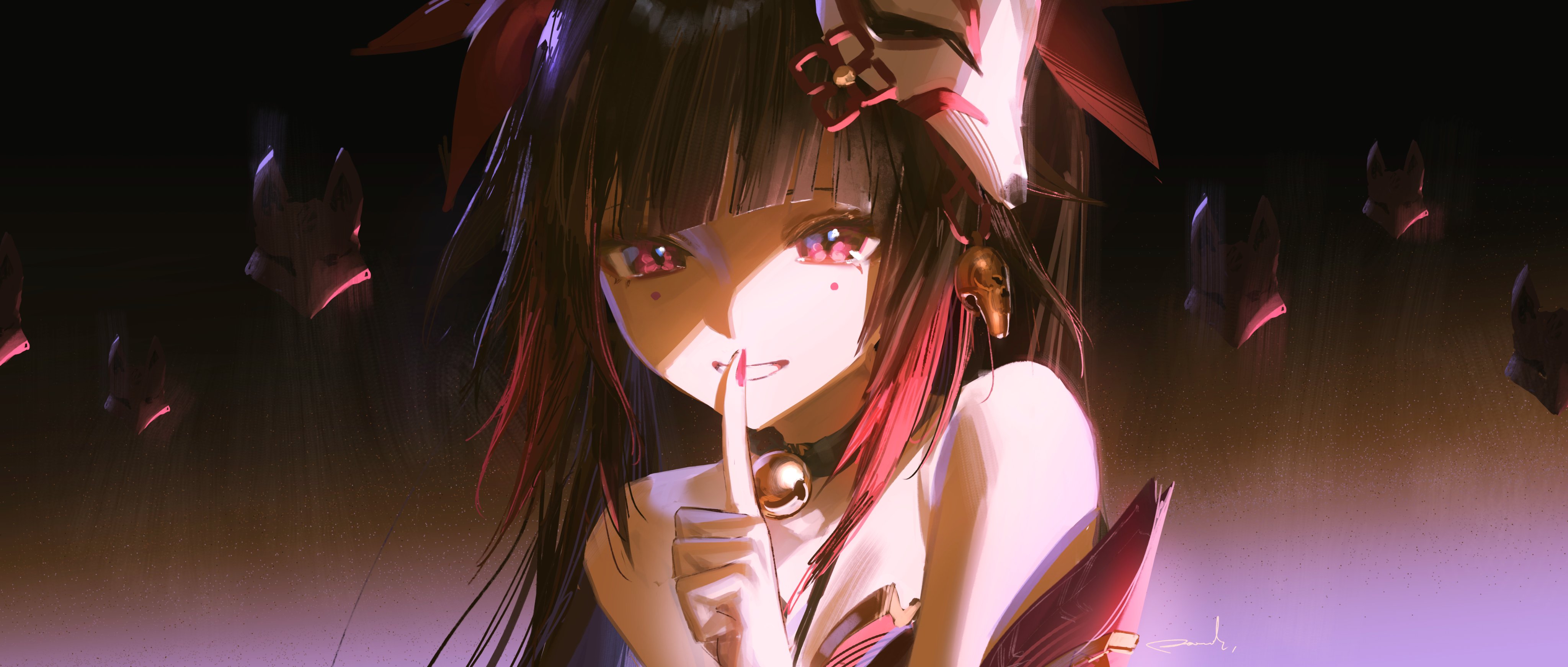 the image showcases a closeup illustration of a young anime girl with long, dark hair streaked with red. she has striking red eyes, and a single tear trails down her cheek. she wears a decorative red and white outfit with a prominent red choker. her index finger rests on her lips in a "shushing" gesture, adding an air of mystery to her slight smile. the background is a dark, abstract blend of purple and black hues, with stylized heart shapes scattered behind her. the overall composition emphasizes her captivating expression and the enigmatic mood of the scene.