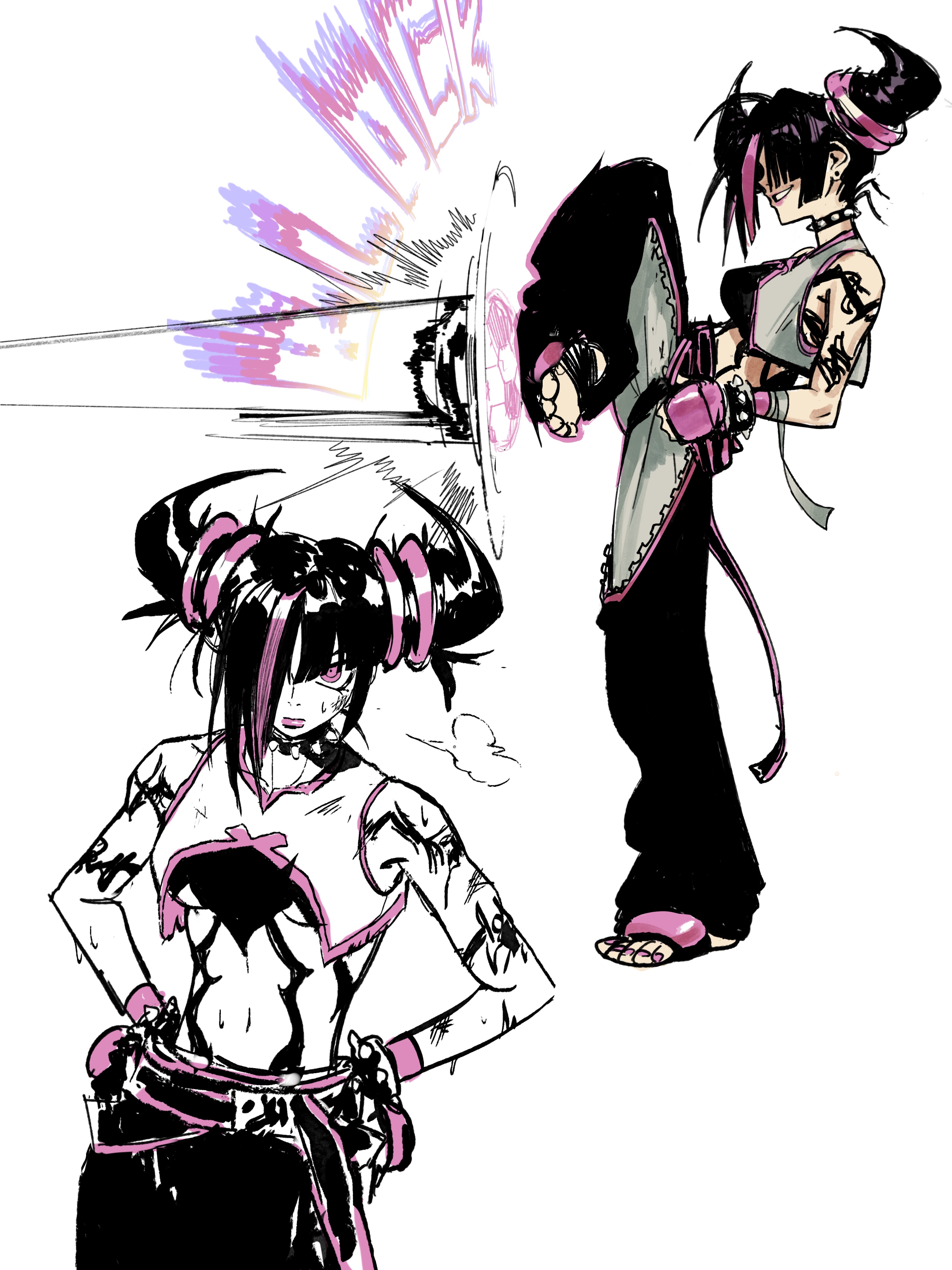 the image is a dynamic illustration, possibly concept art or a piece of fan art, featuring two female characters in an anime or manga style. the dominant character is a powerfully built woman with dark hair styled in horns,  tattoos, and wearing a revealing outfit with black and pink accents. she's in a poised, aggressive stance. behind her, another girl, possibly the same character in a different pose, is depicted kicking with an energy blast emanating from her foot. the art style is energetic, using bold lines and contrasting black and pink colors; the illustration conveys a sense of motion and intense action. the overall feel is one of fighting or combatrelated situations.
