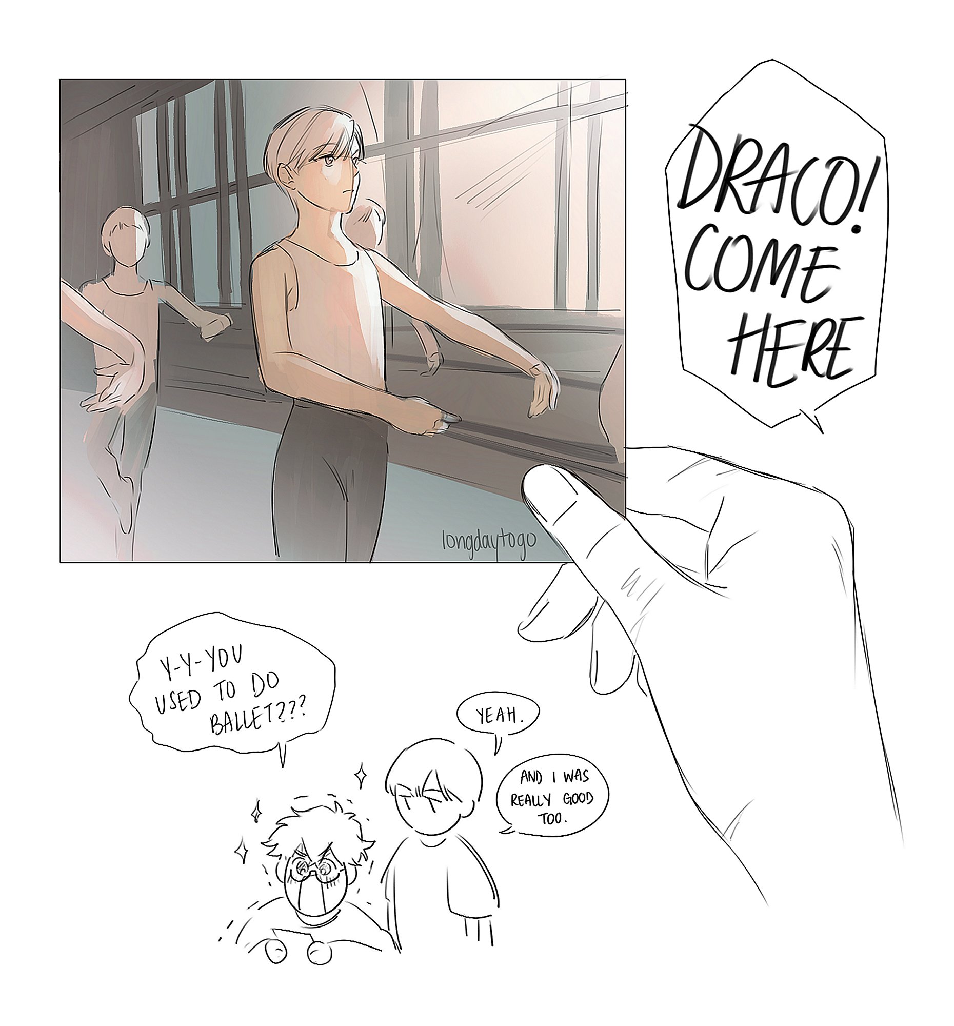 he image is a comicstyle illustration featuring two distinct panels. the top panel shows a photograph of a young boy, draco, engaged in ballet practice alongside other young boys in a dance studio.  a hand reaches into the frame, seemingly holding the photo. the second panel shifts to a more cartoonish style, depicting two characters reacting to the photo. one character is surprised and expresses that draco used to do ballet, while the other character confirms and adds that he was good at it. the overall style is soft, with muted colors and delicate linework. the text includes speech bubbles containing dialogue. the scene is lighthearted and suggests a shared memory or anecdote.