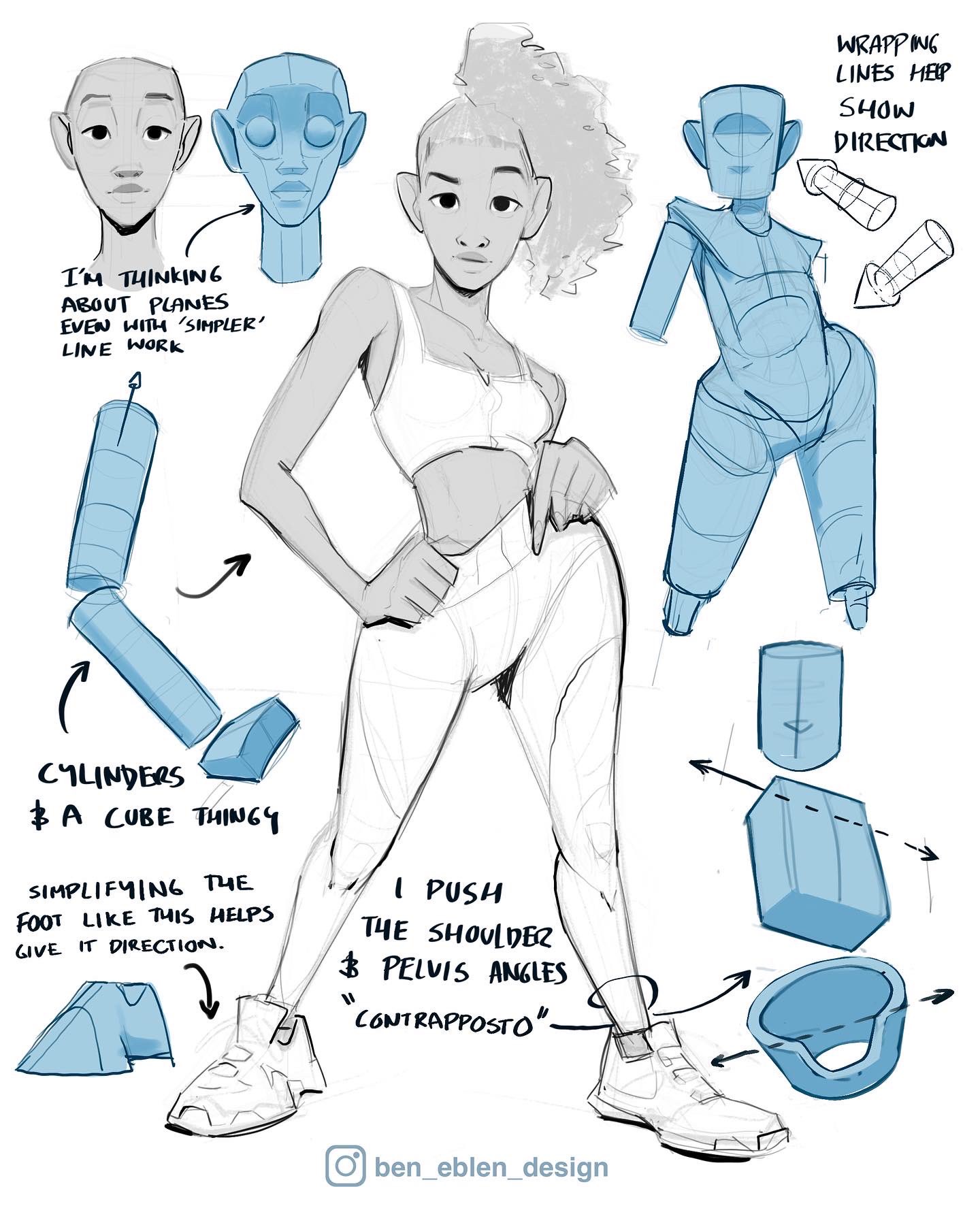 the image is a drawing of a woman’s body. the artist is breaking down the figure into simpler shapes to make it easier to draw. they are using cylinders and cubes to show the structure of the body and the way it moves. the artist is also using wrapping lines to show the direction of the body. they are adding details to the figure and showing a more refined drawing of the woman.