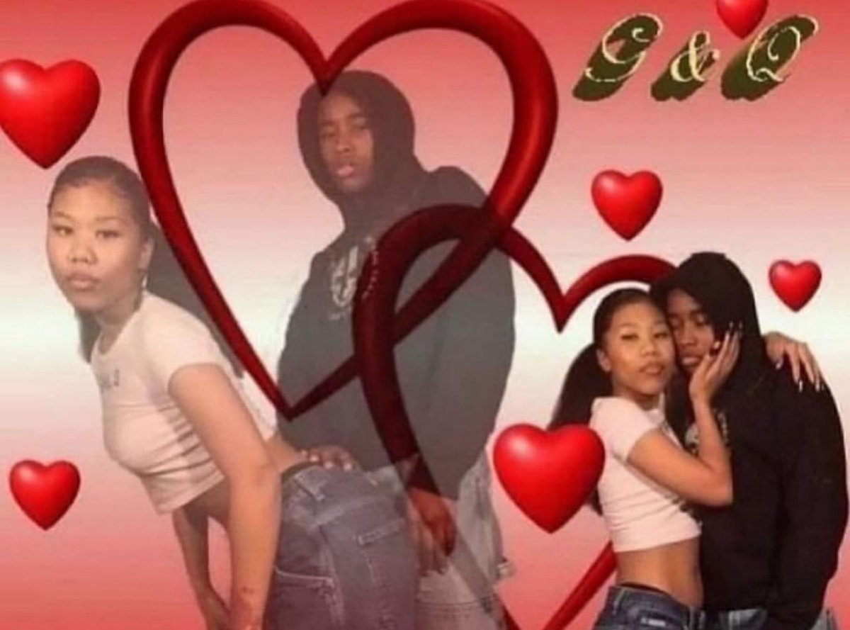 the image is a playful and affectionate photo of two young couples. one couple is positioned in the foreground, with the girl affectionately holding the boy's face. another couple is partially obscured by a large red heart shape in the background, with the girl's hand resting suggestively on the boy's hip.  the background features numerous red hearts, giving the picture a romantic and valentine's daythemed feel. the couples are dressed in casual 90s or early 2000s hiphopinspired clothing; baggy jeans and hoodies feature prominently. the overall aesthetic is nostalgic and cute, suggesting a youthful and intimate relationship.  the initials "g&q" are superimposed in the top center suggesting it might be related to a brand or is the couple's monogram.