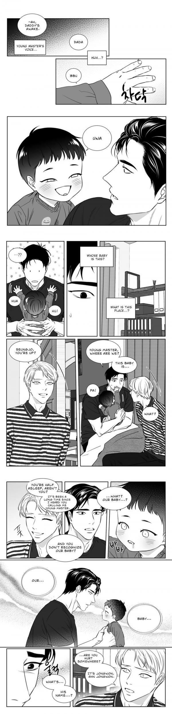 he image is a collection of panels from a black and white manhwa (korean comic) depicting a heartwarming story about a samesex couple raising a child.  the panels show various scenes of the fathers interacting with their baby son, showcasing their love and tender care. the art style is clean and expressive, focusing on emotions and intimate moments. the dialogue bubbles contain korean text, further immersing the reader in the manhwa's cultural context. the overall mood is sweet and affectionate, highlighting the joys and challenges of family life.