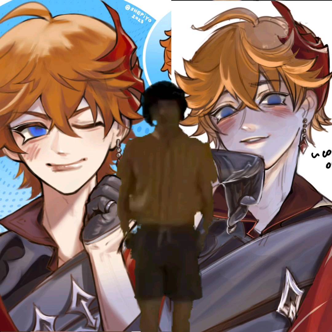 the image shows a digital fanart of tighnari from genshin impact. the art is in a vibrant style with detailed character designs. it's a closeup view of a tighnari character, partially obscured by another figure, possibly a cosplayer or a person who has been digitally added into the picture. the artwork is captivating with its attention to details and striking color palette. the overall style suggests a digital illustration or painting, possibly created using graphic design software or digital drawing tools.