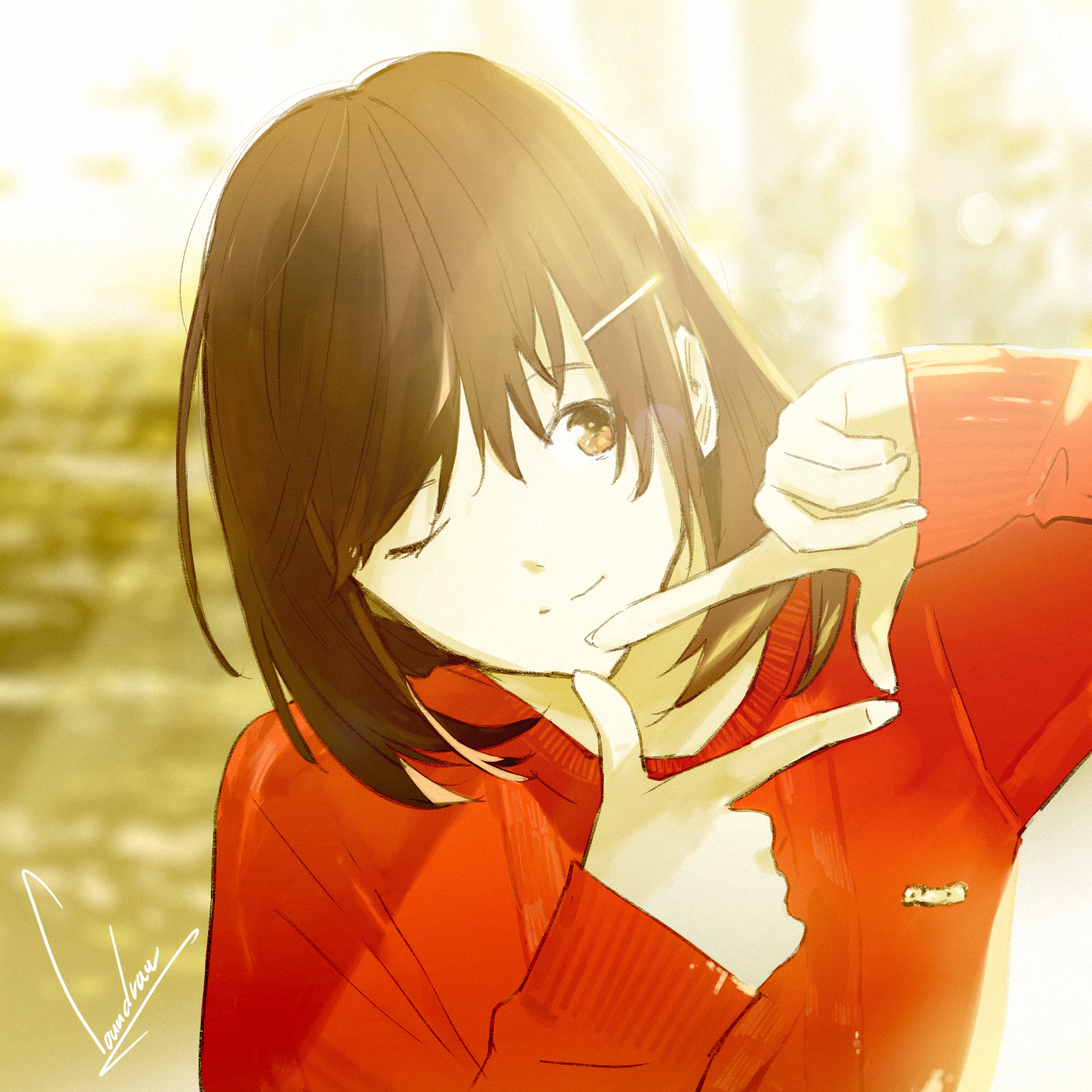 the image is a digital drawing or painting of an animestyle girl. she has long brown hair, is wearing a bright red sweater, and is making a hand gesture that creates a frame around her face. she is smiling and winking, appearing happy and cheerful. the background is blurry, suggestive of an outdoor setting in bright sunlight with warm colors, creating a sunny and optimistic mood. the art style is soft and painterly, with a focus on light and color. the overall impression is one of warmth, happiness, and youthful energy.
