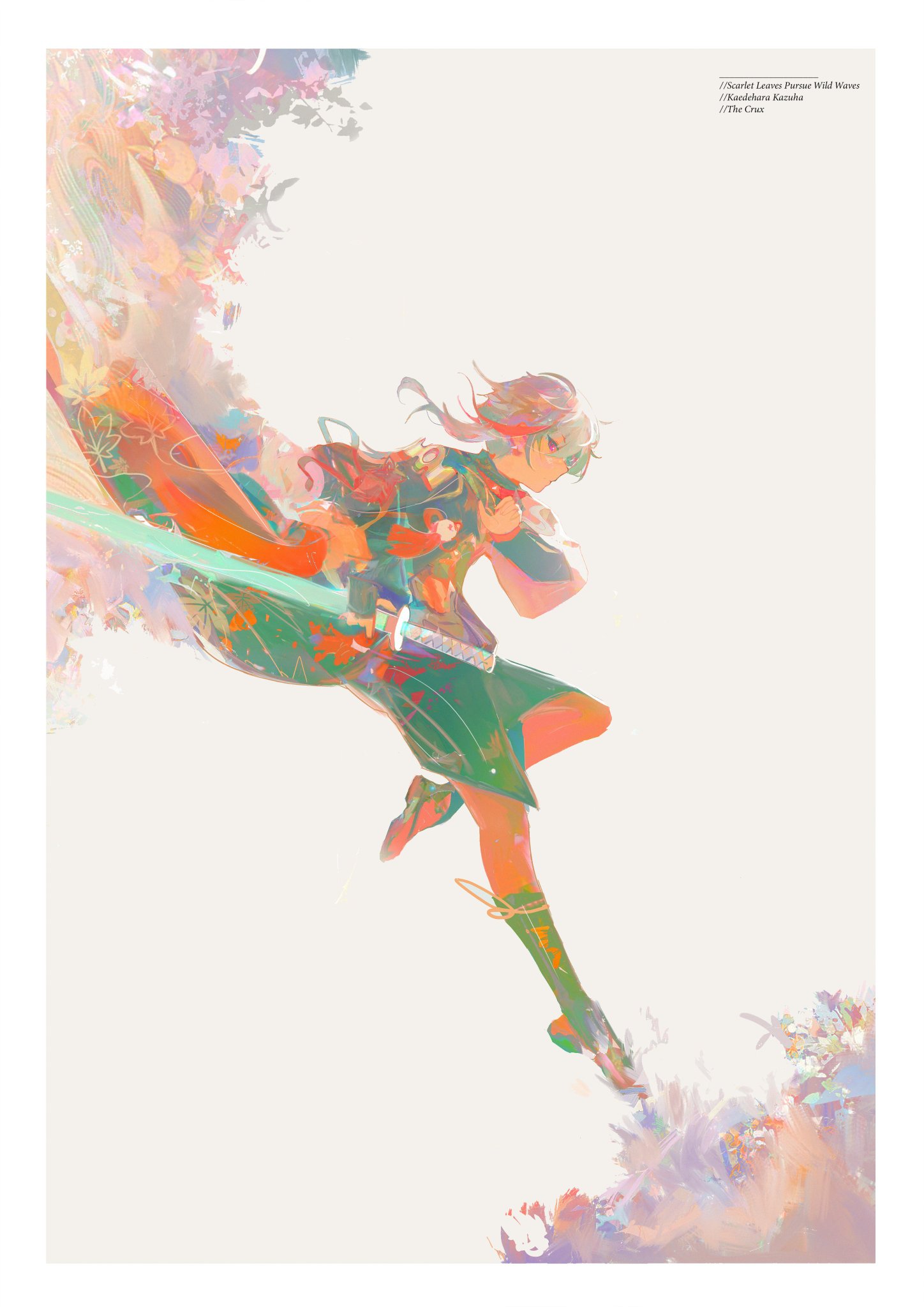 the image depicts a young woman, drawn in an anime style, leaping through the air with a glowing green sword in hand. her attire suggests a blend of traditional and modern aesthetics, possibly a school uniform with fantastical elements. she is surrounded by a vibrant, almost watercolorlike explosion of floral patterns and soft, pastel colors, creating a sense of dynamic movement and ethereal beauty. the low angle perspective enhances the feeling of action and power, placing the viewer looking up at the character.