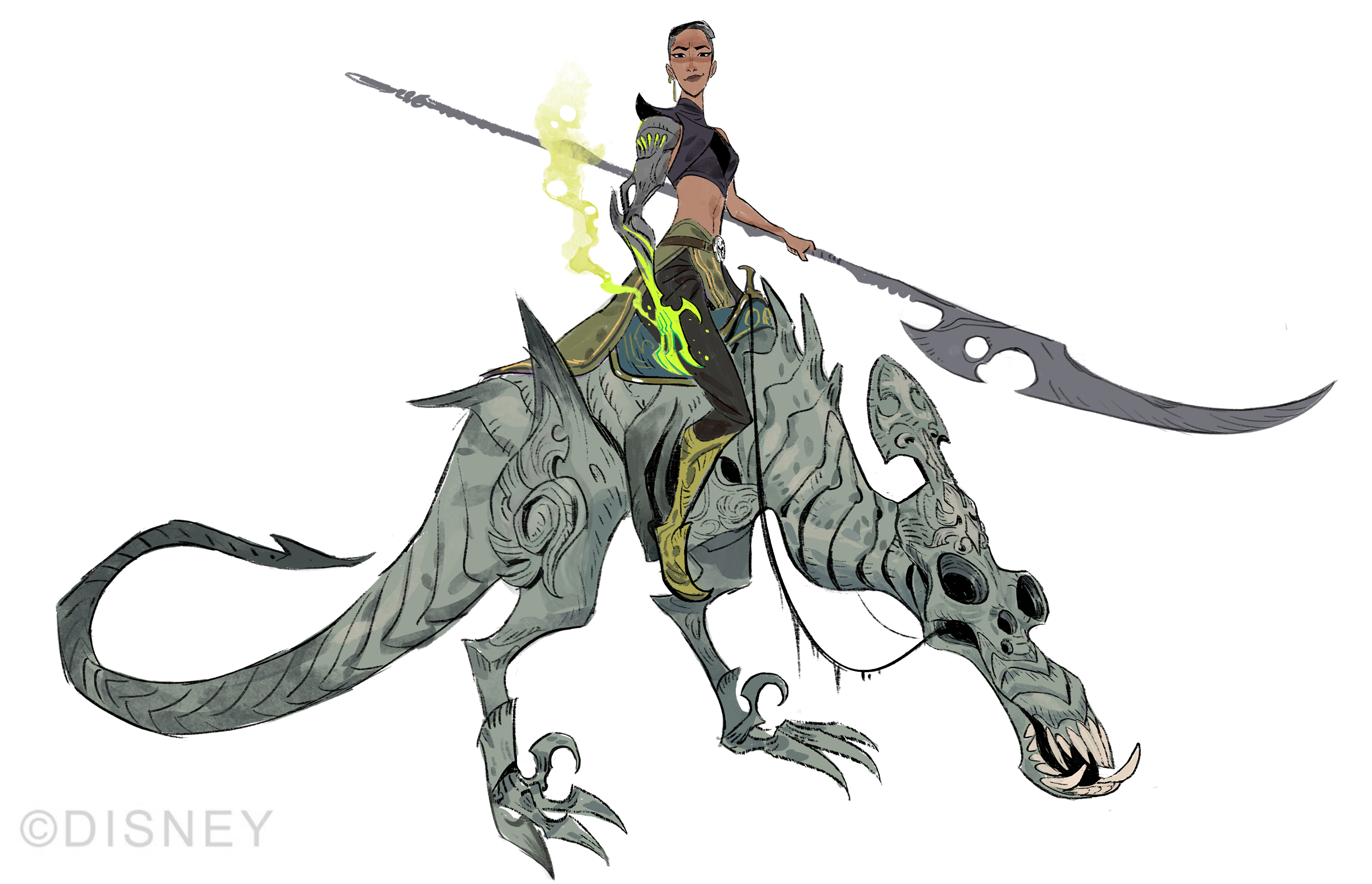 a woman warrior is riding a mythical creature that resembles a griffin, with a green background. she is wearing a dark top and pants. the creature is a light gray color and has a long, slender neck. the woman is holding a weapon that looks like a spear, and it has a large, curved blade. the background is a simple white.