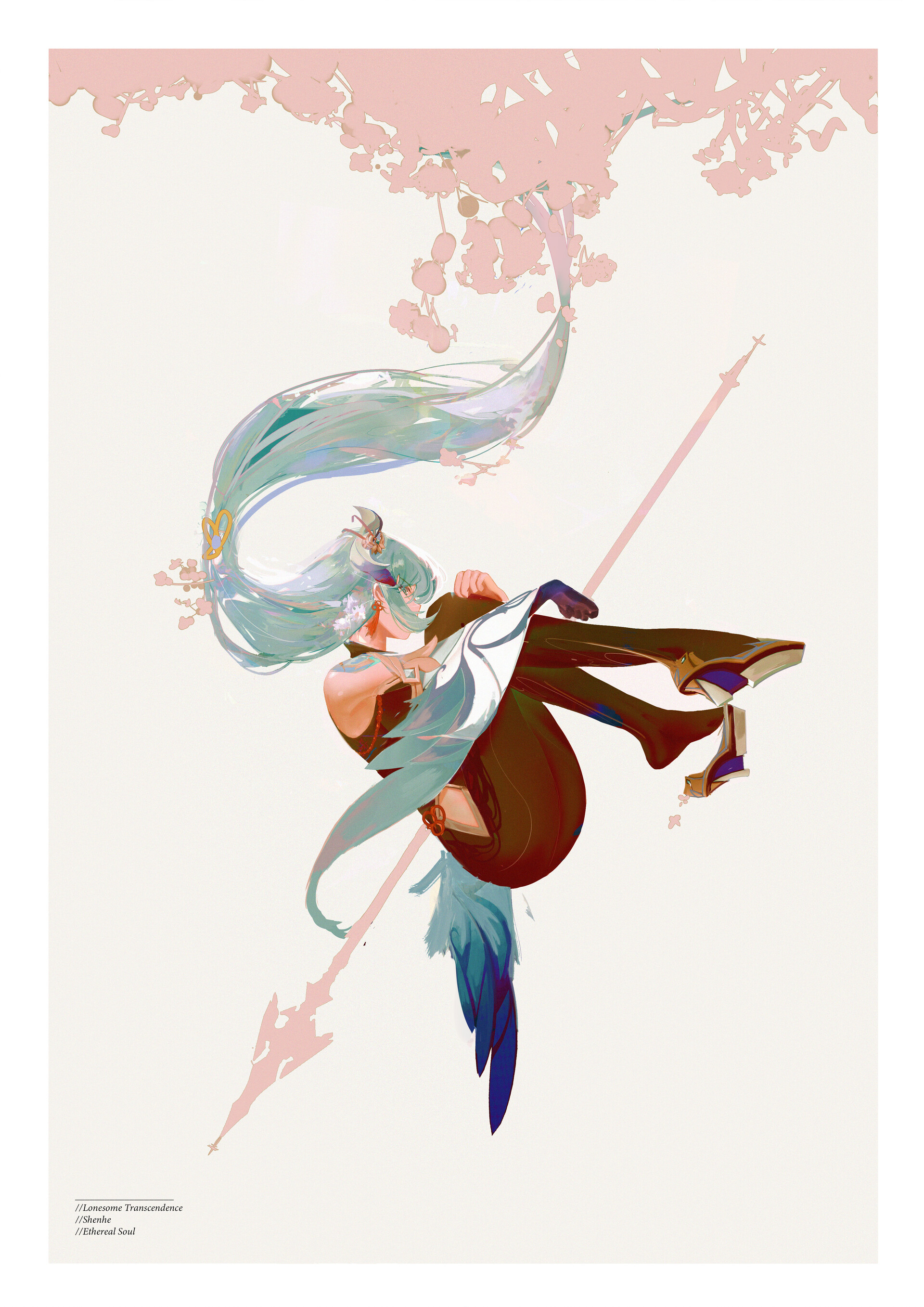 the image is a digital illustration of shenhe, a female character from the popular video game genshin impact. she is depicted in midair, gracefully descending with her spear beside her, with blooming pink cherry blossom branches in the background. her long, flowing hair is rendered in shades of blue and white, contrasting beautifully with her red and white attire. the art style is soft and painterly, with a focus on capturing movement and fluidity. the background is minimal, allowing the focus to remain on the character and her dynamic pose.