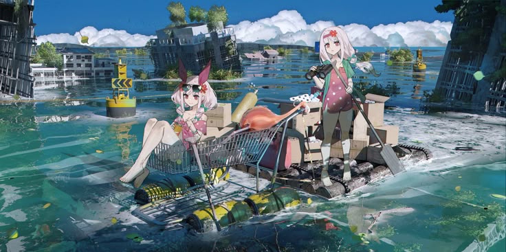 the image shows two anime girls navigating a flooded city on a makeshift raft constructed of barrels, a shopping cart, and logs. one girl sits in the shopping cart, dressed in a pink outfit and sunglasses, while holding a drink. the other girl stands on the raft with binoculars and a paddle. the city is in ruins, with buildings submerged in water. yellow buoys and debris float in the water. the sky is blue with fluffy white clouds. a pink flamingo float is near the raft.
