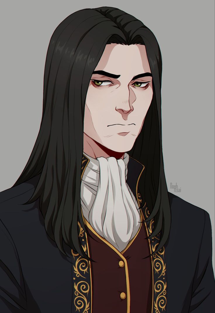 the image is a digital illustration or artwork depicting a stylized animestyle male character. he has long, straight black hair and is wearing a darkcolored, ornate jacket with gold embroidery along the edges. the jacket features a high, white collared shirt underneath, and a marooncolored waistcoat is visible. the man has a serious, almost brooding expression with dark eyes and a slightly stern set to his mouth. the overall style is elegant and suggests a sophisticated or noble character, possibly from a fantasy setting. the background is a simple, neutral gray.  the art style is clean and detailed, with a focus on the character's expression and clothing.