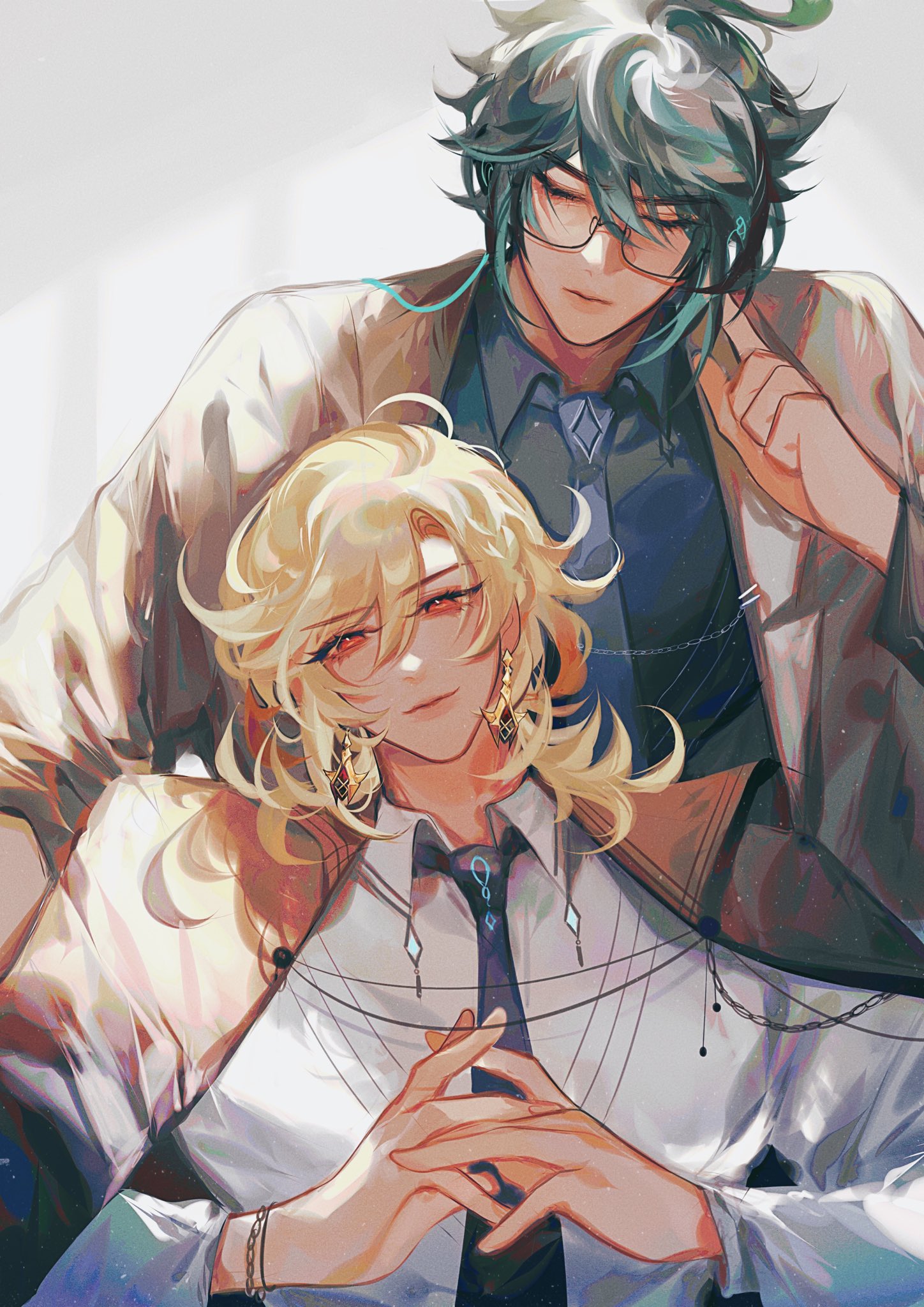 the image is a digital painting or illustration depicting a romantic scene between two animestyle boys. one boy has long, blond hair and is resting his head on the shoulder of the other boy who has long, teal hair and is wearing glasses. both are dressed in formal wear, consisting of white shirts and ties. the style is soft and gentle, with pastel colors and a focus on the intimacy between the characters. the overall mood is romantic and tender.  the artwork appears to be fanart, possibly inspired by a specific anime or game.