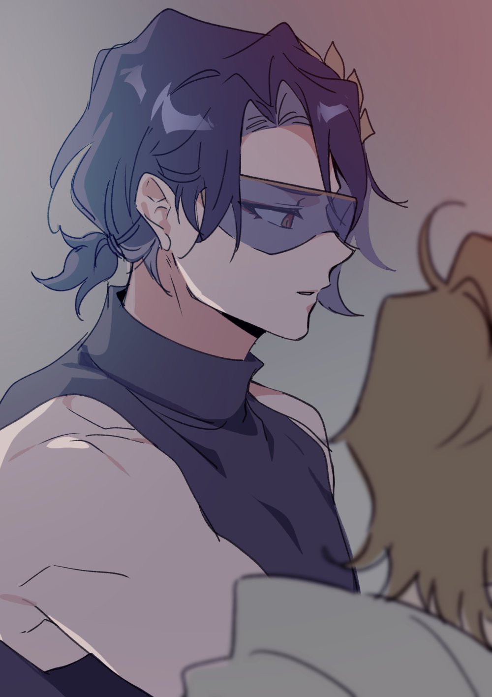 he image is a digital drawing or illustration of two animestyle characters. the main focus is on a young man with dark purple hair styled in a low ponytail, wearing a dark purple turtleneck and sleeveless top, and a mask or blindfold covering his eyes. he has a serious and slightly mysterious expression.  a portion of a second character with light brown hair is visible in the background to the right, suggesting an interaction or conversation between them. the art style is clean and somewhat stylized with a focus on soft, muted purple and pastel tones and a dramatic lighting effect.