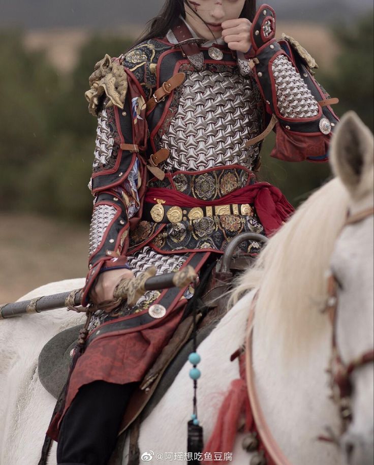 the image shows a person, likely a woman, dressed in elaborate ancient chinese warrior attire. she is wearing intricately detailed armor featuring chainmail and rich red and dark red fabrics adorned with gold accents.  the armor is complete with a helmet, belt with decorative elements, and various straps and buckles. the warrior is mounted on a lightcolored horse, holding a long weapon that appears to be a spear or similar implement.  the background is blurred, suggesting a field or outdoor setting. the overall style evokes a feeling of historical fantasy or a historical reenactment. the image is highquality, with sharp detail visible in the clothing and armor.