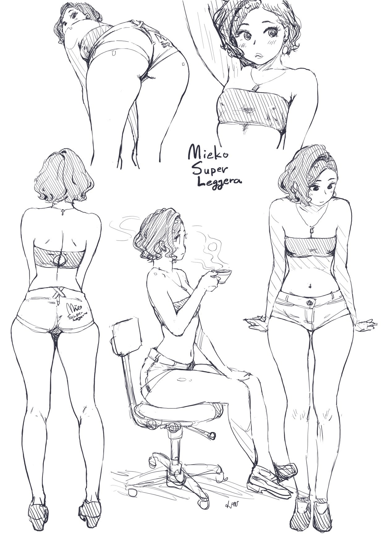he image contains a collection of sketches depicting female figures in various poses.  the sketches are done in a style reminiscent of manga or anime, with loose lines and expressive character designs.  the women are mostly shown from the waist down, wearing short denim shorts. some are sitting, some are standing, and one is bending over.  the overall style is casual and lighthearted, with a focus on capturing the figures' poses and proportions. one sketch includes a woman sitting in an office chair. the sketches are labeled "mieko super leggera".