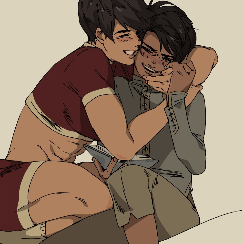 this is a cartoon style illustration. it depicts two men hugging and smiling, with one of them holding a book. they are both dressed in casual clothes and appear to be in a loving relationship. the style of the artwork is playful and romantic.