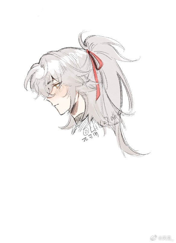 a handdrawn illustration of an anime girl with white hair and a red ribbon in her ponytail. the girl is drawn in a simple style with a focus on her features and expression. her eyes are closed and she has a thoughtful expression on her face.