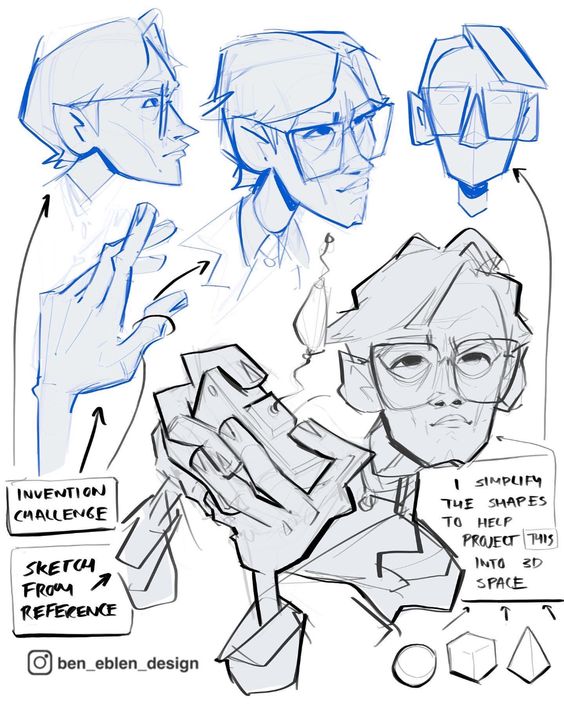 the image shows a pencil sketch of a character's hand and face, along with additional sketches of the character's face from different angles, and geometric shapes,  used to simplify and project the shape into 3d space.  the words "invention challenge" and "sketch from reference" are included in the image, indicating that it is a tutorial or guide for sketching characters.