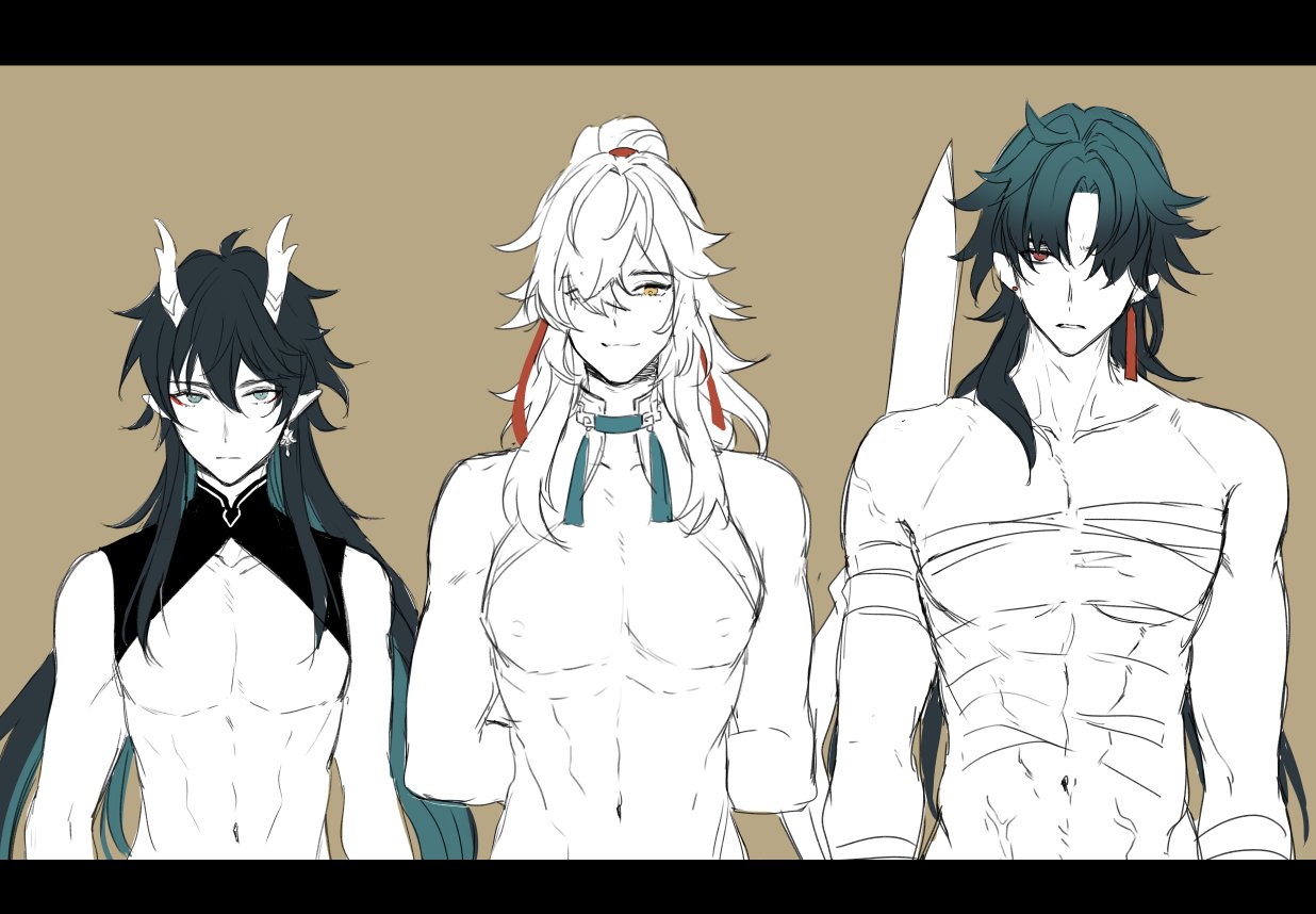 this anime illustration depicts three male characters, standing in a row from left to right.  all three appear to be shirtless and are depicted with varying degrees of muscular definition.  the character on the left has black hair and horns with a black choker around his neck.  the character in the center has long white hair and a turquoise choker. the character on the right has long dark blue hair and a red tassel hanging from his ear. the character on the right is holding a long, black sword.  they have a distinct magical/fantasy look to them.