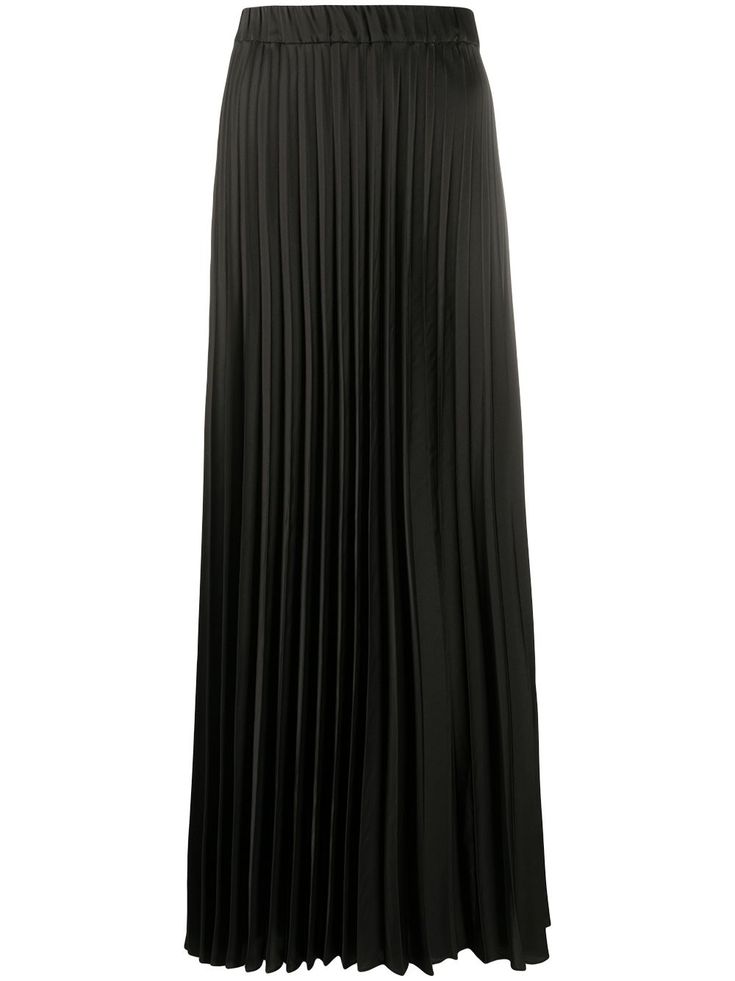 a long, black, pleated skirt is displayed on a white background. the skirt is a solid color and is made of a smooth, flowing material. the pleats are sharp and uniform, giving the skirt a structured appearance. the skirt falls to the ankles and has a slightly flared silhouette.
