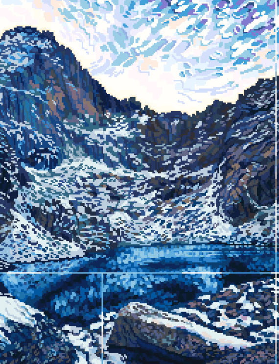 he image is a pixel art depiction of a serene winter landscape. a tranquil blue lake is nestled at the base of snowcovered mountains. the mountains are rugged and rocky, with patches of snow and ice visible. the sky above is a mix of blue and white, with wispy clouds suggesting a calm atmosphere. the overall color palette is cooltoned, with shades of blue and white dominating the scene. the pixelated style gives the image a unique and slightly abstract quality, while still conveying a realistic sense of depth and scale.