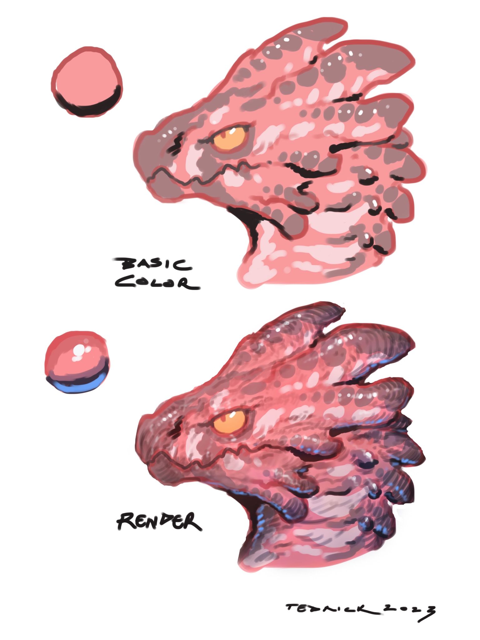 the image showcases a digital painting tutorial, comparing a simplified "basic color" version of a dragon head with a more detailed "render" version. the render includes subtle shading, highlights, and texture, enhancing the visual depth and realism of the creature.  the tutorial uses a pink and purple color scheme for the dragon's scales.