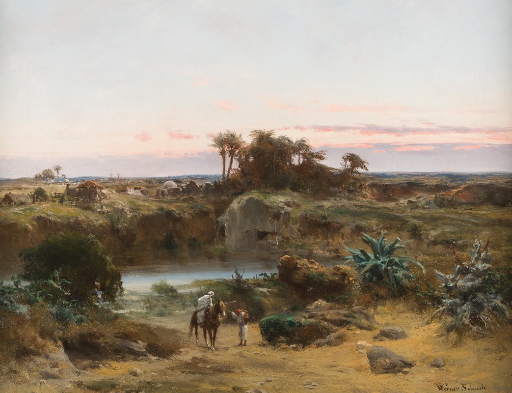 a landscape painting in the style of orientalism by werner schuch. it depicts a man on horseback in a desert oasis, speaking with a figure standing nearby. the oasis includes a body of water, palm trees, and various desert plants. in the background, there are buildings and a sunset. the sky is a blend of pink and white.