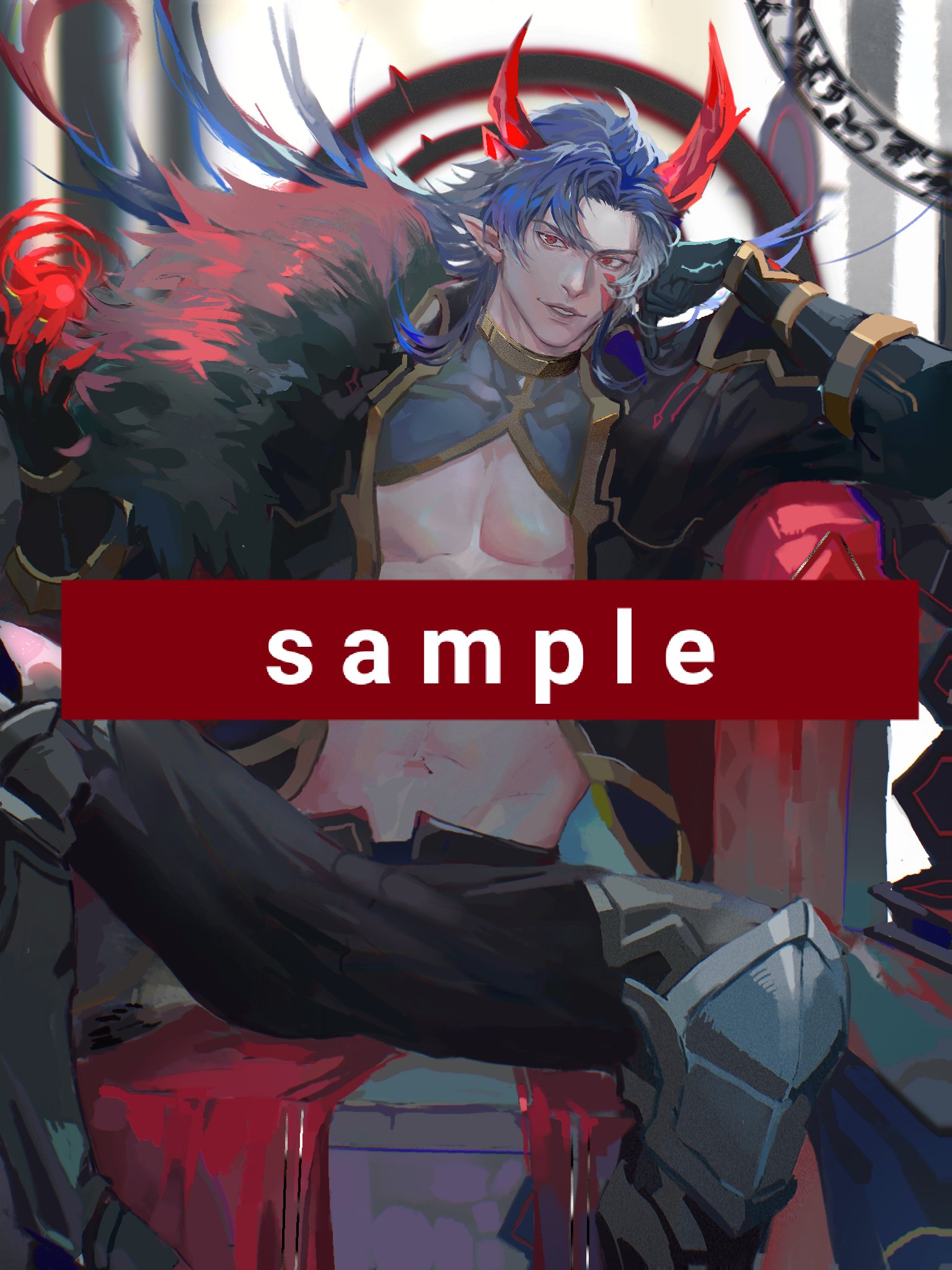this is a digital illustration of an anime character with long red hair and horns. the character is sitting on a throne and is wearing armor with red and black accents. the character has red eyes and a sharp, powerful expression. the artwork is set against a dark background with red and black highlights.