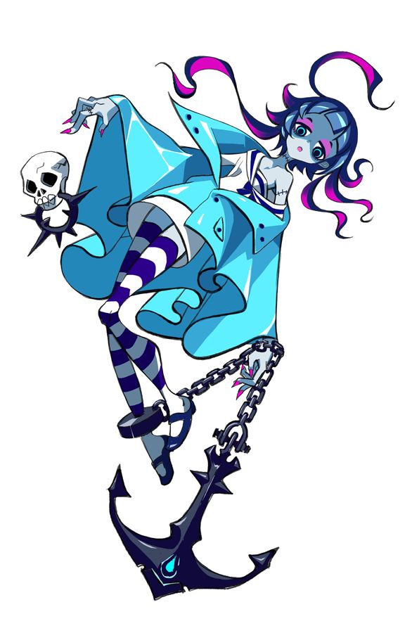 a blueskinned cartoon anime girl with pink and purple hair wearing a blue coat and white striped tights is holding a skull with a chain attached to an anchor.