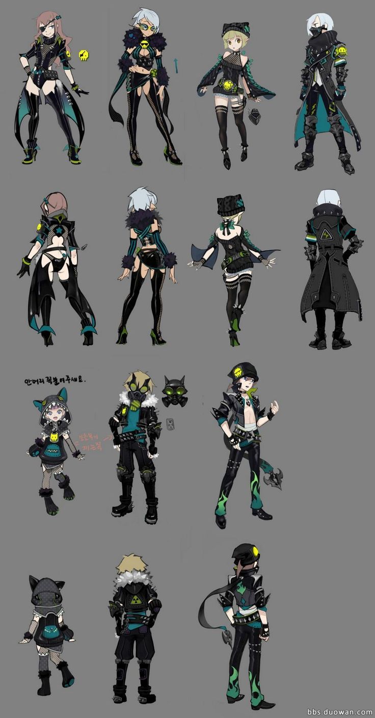the image showcases a collection of character design concepts, likely for a video game or animation project. featuring a range of stylish outfits with a futuristic or cyberpunk aesthetic, the designs predominantly use a palette of black, green, and grey. the characters, both male and female, are presented in various poses and from multiple angles, offering a comprehensive look at the design details.  the art style is sleek and dynamic, emphasizing the characters' agility and attitude.