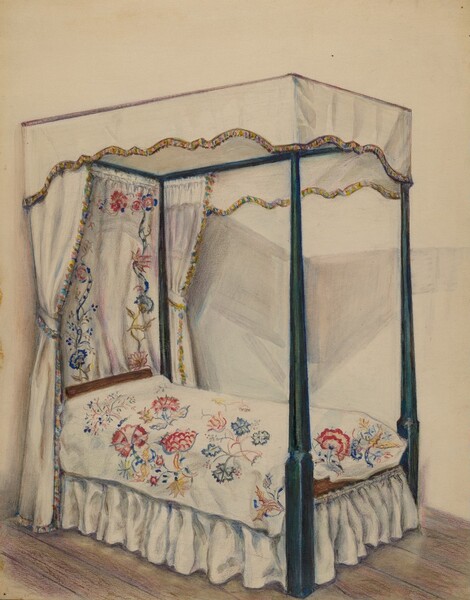 the image is a watercolor painting of a fourposter bed. the bed has tall, dark posts supporting a white canopy with a decorative border. matching curtains with floral embroidery hang from the front two posts. the bedspread is white with a vibrant floral pattern. a white ruffled skirt covers the bottom of the bed. the bed sits on a light brown wooden floor. the overall style is vintage and decorative.