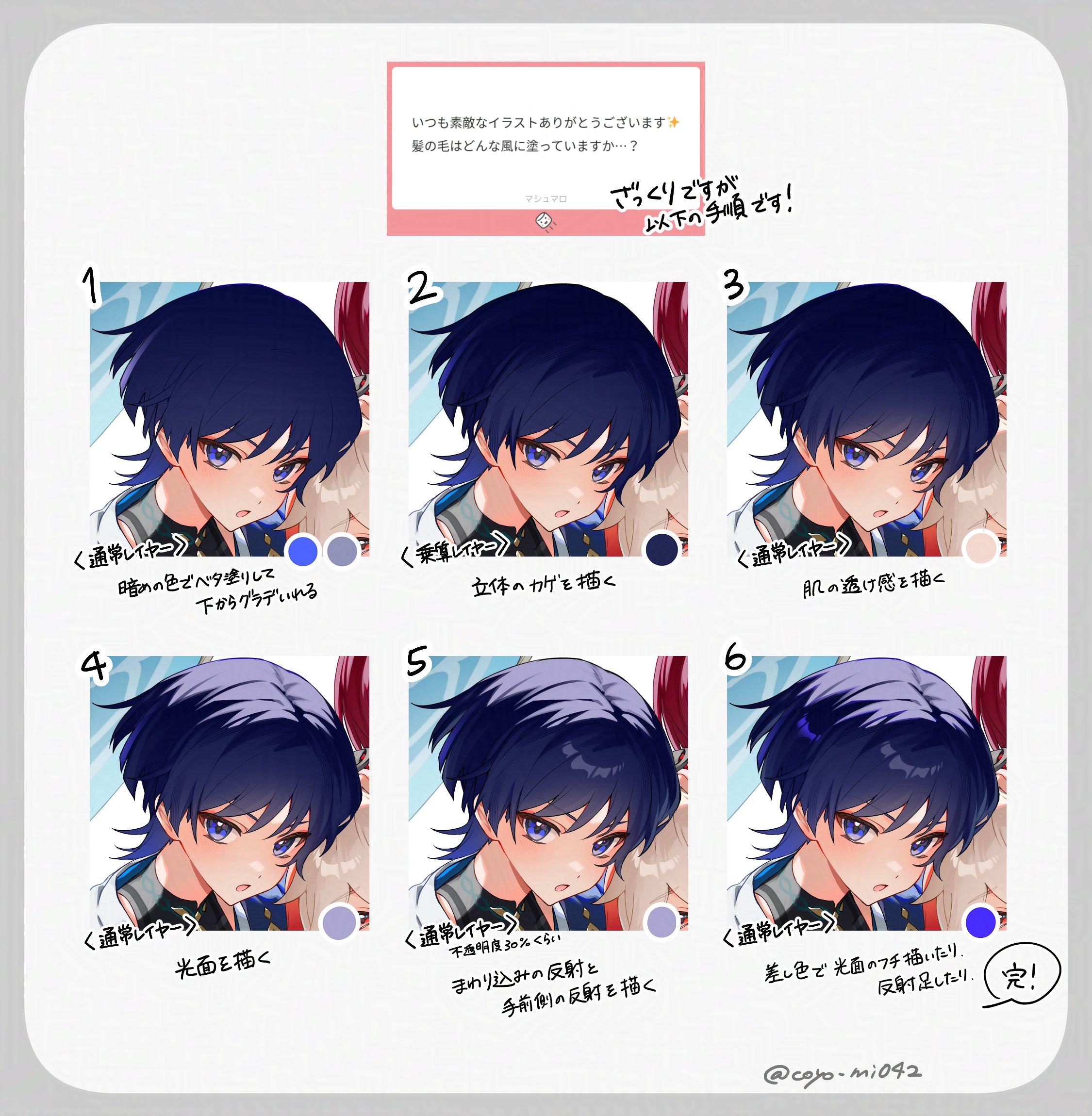 his image is a digital painting tutorial focusing on how to color animestyle hair. the tutorial is presented as a stepbystep guide, showing six stages of the process. each stage features a closeup illustration of a character's head, with annotations explaining the techniques and color choices involved. the annotations are in japanese.  the overall style is clean and easy to follow. the final image shows the complete, polished hair.