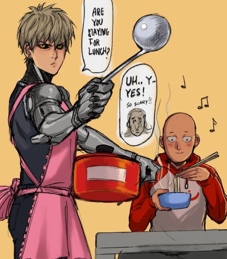 the image is a humorous digital fanart depicting a scene from the onepunch man manga/anime.  genos, the cyborg disciple, is wearing a pink apron and is cooking in the kitchen. he's holding a large ladle and a pot. saitama, the protagonist, is sitting at a table, happily eating a bowl of noodle soup with chopsticks.  a speech bubble above genos asks saitama if he's staying for lunch, and saitama's speech bubble shows his slightly nervous but ultimately affirmative response. a smaller speech bubble shows a terrified face representing saitama's internal reaction to genos's intense cooking demeanor. music notes float around, adding to the lighthearted and playful atmosphere of the scene. the overall style is consistent with the rough, sketchy style often used in the series's promotional art.