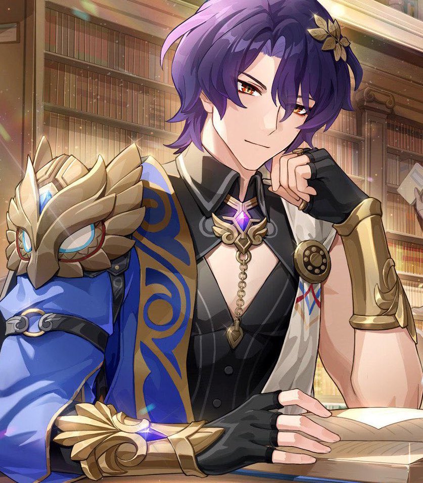 this is a digital illustration of a male anime character. he has purple hair and black eyes. he is wearing a black suit with a gold chain necklace, gold jewelry on his arms and a blue and gold cape. he is reading a book in a library with a bookshelf behind him. the image is styled in a fantasy theme, with a princelike vibe.