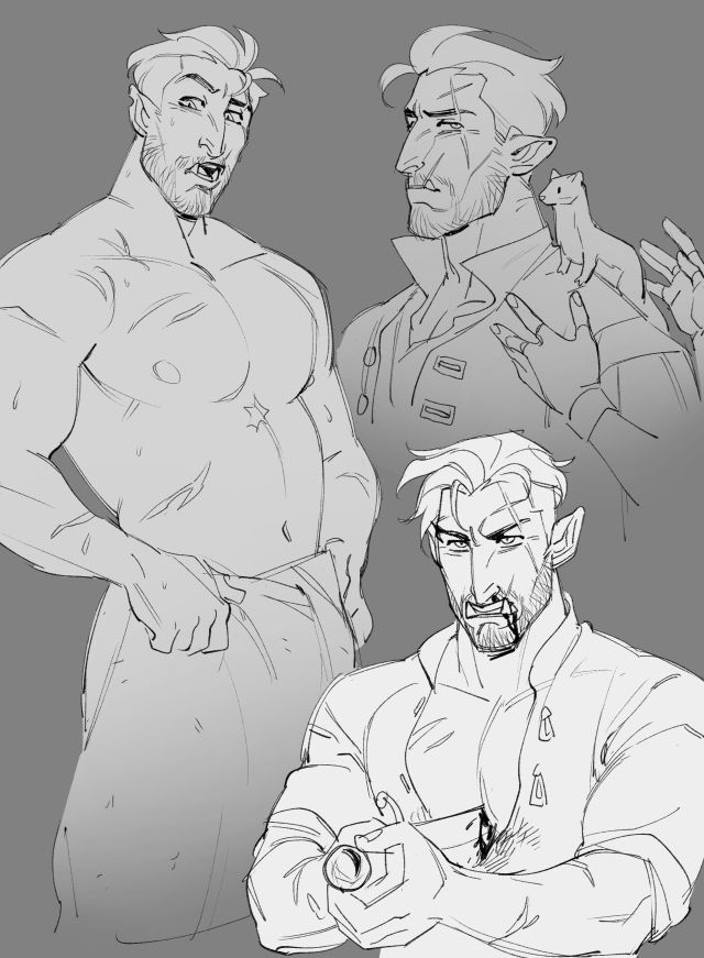 this is a sketch of three different men. the first is a shirtless man with a beard and muscular build. he's facing the viewer with a slightly confused expression. the second man, wearing a jacket, is also facing the viewer with a serious expression. he is holding a small animal on his shoulder. the last man is looking down with a sinister expression and holding a gun. he has blood on his beard. the style of the drawing is loose and quick.